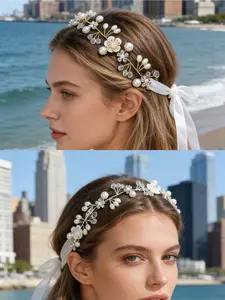 Bride Flower Handmade Beaded Headband, Crystal Pearl Hair Band, Wedding Bridal Accessory, Women's Headwear, Elegant Hair Decor