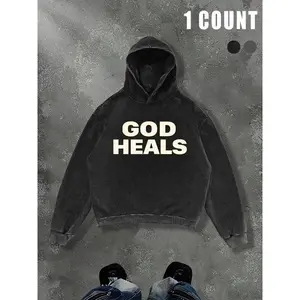Y2K Style God Heals Hoodie, Religious Quote Christian Hooded Sweatshirt, Streetwear Casual Fall Winter Cotton Pullover