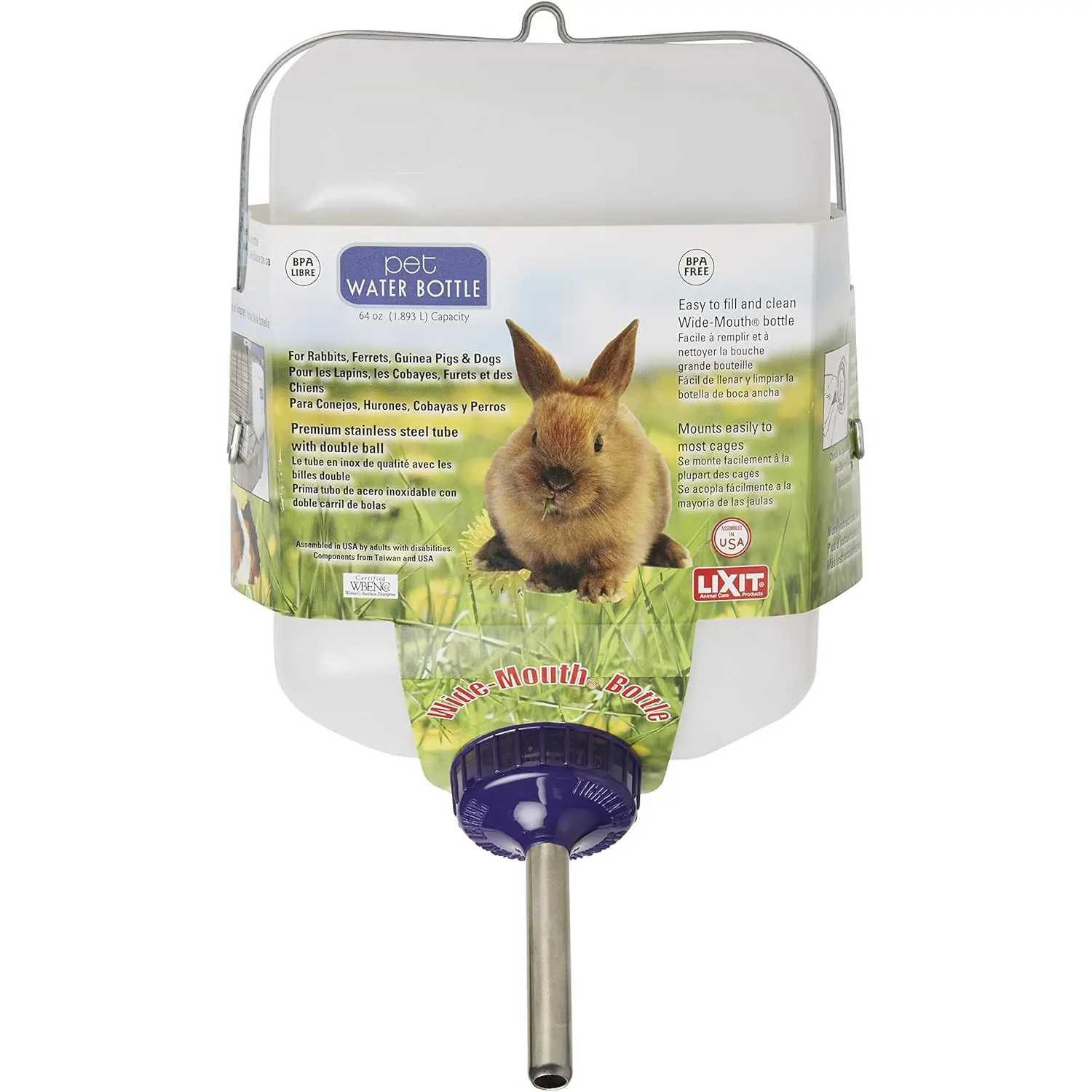 Lixit Widemouth Cage Water Bottles for Rabbits, Ferrets, Guinea Pigs, Rats and Other Small Animals. (White, 64 Ounce)