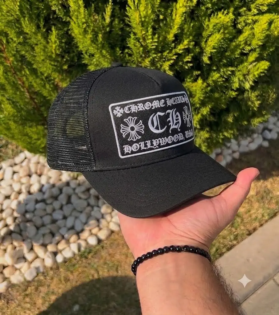 Chrome Hearts Black Trucker Hat – Embroidered Logo Mesh Cap, Adjustable Snapback Baseball Hat, Luxury Streetwear Headwear, Unisex Casual Fashion Outdoor Cap