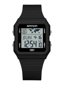 Sanda 2217 Retro Square Electronic Watch, World Map Dial, 50m Waterproof, Dual Time Zone, Night Light, Thin Student Watch