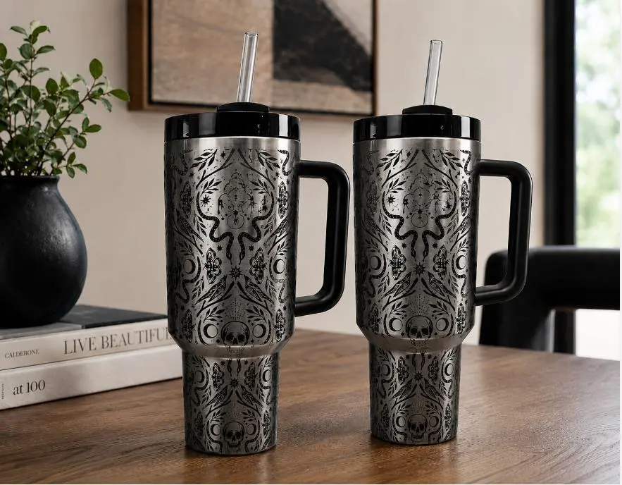 Gothic Skull Engraved 40oz Tumbler With Handle, Black Stainless Steel Insulated Travel Mug, Dark Floral Snake Raven Design Cup, Reusable Coffee Water Tumbler Gift