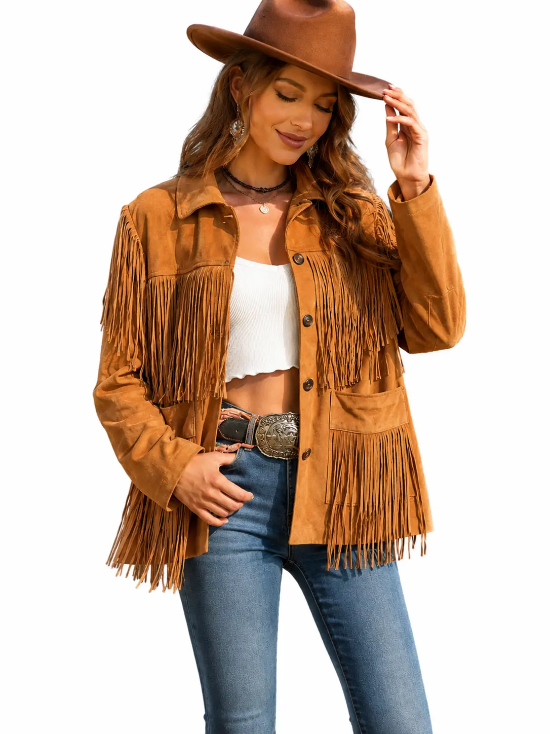 Women Western Cowgirl Suede Fringe Jacket Native American Fringe Leather Jacket