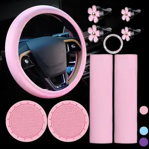 Car Interior Decoration Set, Car Steering Wheel Cover & Safety Shoulder Cover & Coasters & Start Ring Button Decoration, Car Accessories for Women, Car Stuff