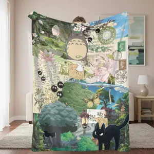 Whimsical Forest Flannel Blanket， Totoro Inspired Floral and Vintage Postcard Print， Soft Warm Cozy Reversible Lightweight Design， Perfect for Sofa Nap Room Decor Gift Cottage Aesthetic Relaxing Evenings