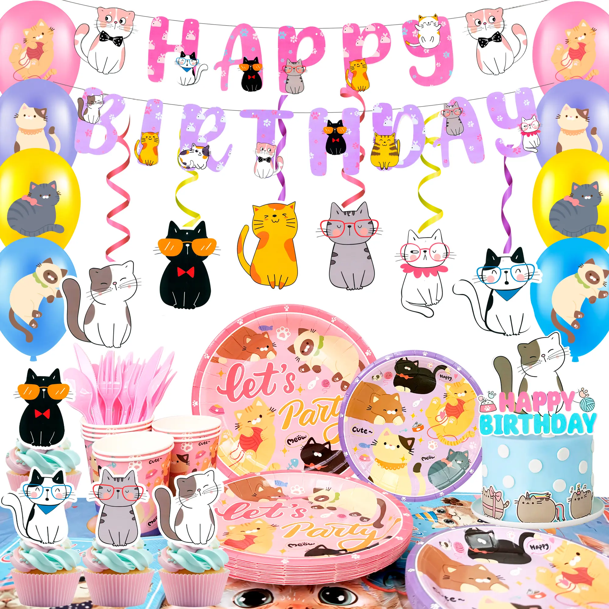 Cat Party Decorations, 159pcs Kitten Birthday Decorations Tableware Set Including Cat Birthday Cake Topper Balloons Banner Plates Tablecloth etc Cat Birthday Party Supplies