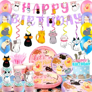 Cat Party Decorations, 159pcs Kitten Birthday Decorations Tableware Set Including Cat Birthday Cake Topper Balloons Banner Plates Tablecloth etc Cat Birthday Party Supplies