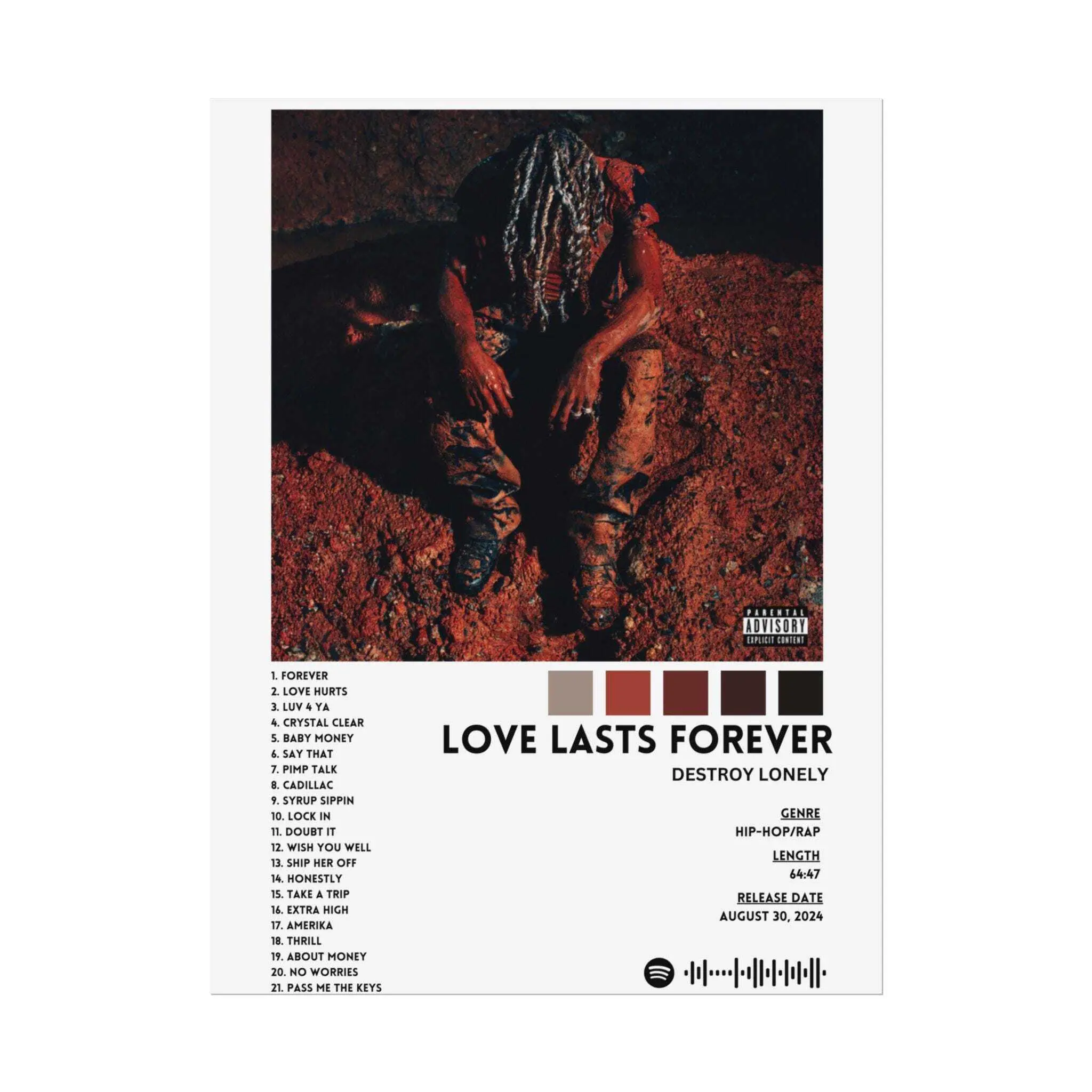 LOVE LASTS FOREVER - Destroy Lonely, tracklist poster, Wall Art, Room Decor, Music Lover Gift, Home Office Decor, Unique POSTER
