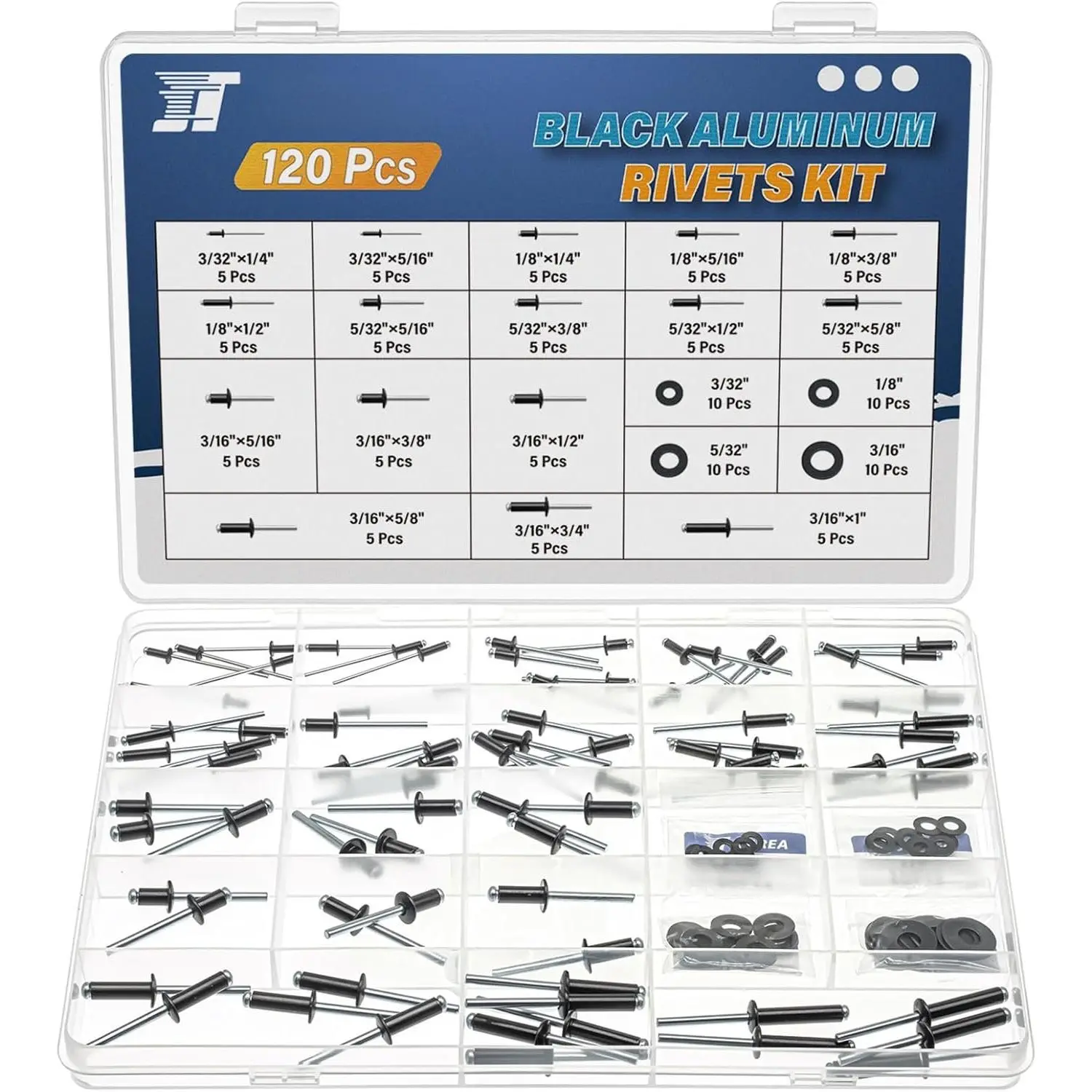 16Sizes Black Rivets Assortment Kit 3/32" 1/8" 5/32" 3/16"  Blind Rivet Set with Stainless Steel Washer (Pack of 120 count)