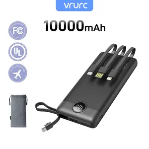 VRURC 10000mAh Portable Power Bank with 4 Built-in Cables Fast Charging LED Display Travel Battery Pack for iPhone Samsung Android Tablet iPad Earbuds USB Type-C & Micro USB Chargeable with Lanyard Smartphone Black Charger