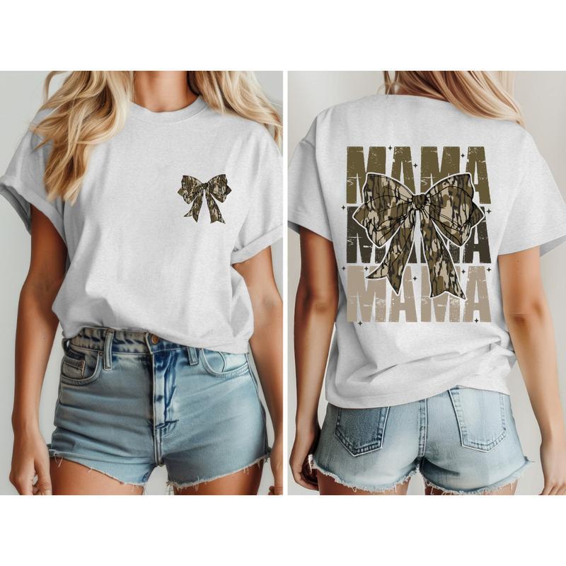 Mama Camo Coquette Bow Graphic T-shirt, Retro Hunting Style, Old School Camo Tee for Girls, Perfect Gift for Women and Moms, Unique Fashion Statement