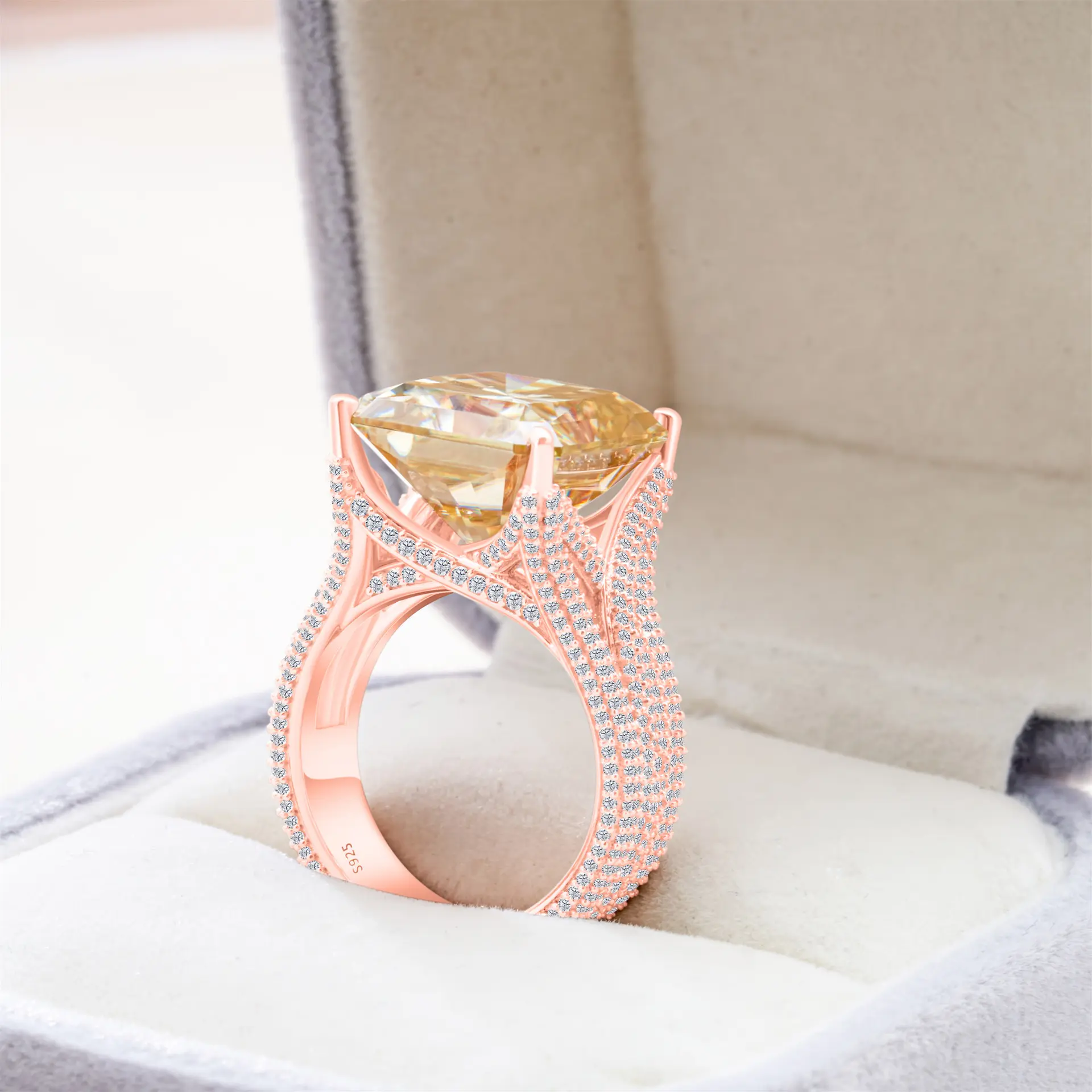Full Moissanite Rose Gold 10*14mm Super Large Carat Moissanite Ring with Certificate, Pass Diamond Tester, Pure Silver Moissanite