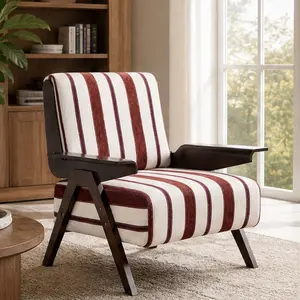 ARCH Modern Stand-Alone Armchair - Widened Armrests, Solid Wood Oak Legs, Linen Fabric Upholstery, High-Density Foam Cushion - Accent Reading Chair for Living Room, Bedroom - 1 Pack, White+Red Stripe Color Options, Stand-Alone Armchairs