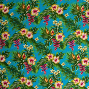 Tropical Design Hibiscus, Plumeria, Split Banana Palm Leaves Rayon Poplin Fabric - Continuous Piece, Floaty Material, Lightweight Textile for Sewing & Soft Furnishings