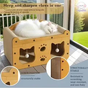 [MeynnPet]  3 in 1 House & Scratch Board/Pet Furniture for Indoor Cozy Spacious/Wooden Bed with Scratcher/Durable Double Layer Bed/Cat Scratcher/Cat Toys/Multi-Cat Activity Palace multi-functional Scratcher with Ball Toy