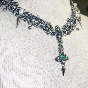 Lilith Choker - 100% Stainless Steel Chainmaille Necklace with Green Stone Pendant and Spikes for Gothic Fashion Hail Satan Vibe