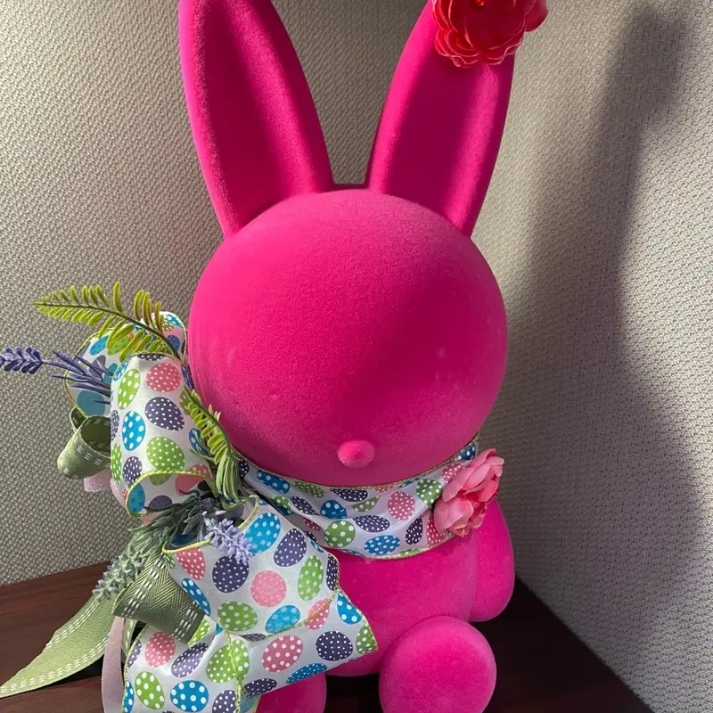 Pink Sitting Bunny with Bow - Handmade, Soft Plush Design, Pink Color, Unique Patterns, Ideal for Gifts and Collectibles