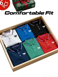 Men's Polo Shirt Set, Casual Fashion Home Wear, Solid Color Short Sleeve Horse Print, Contrast Collar, Breathable Daily/golf Shirts, Multiple Colors, Outfit