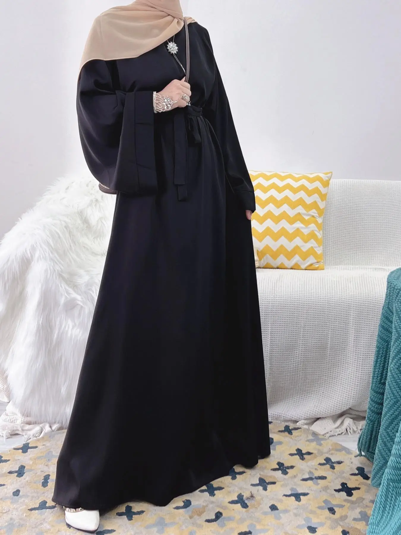 Arabic Clothing-Solid Belted Flounce Sleeve Arabian Dress without Hijab, Modest Long Sleeve Dress, Women's Islamic Clothing for Spring & Fall