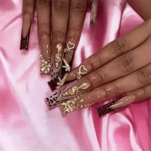 Xl Press on Nails Long Square Fake Nails French Tip Glue on Nail with Designs Nails Charm and Rhinestones False Acrylic Nails Full Cover Stick on Nail for Women Nail Decorations