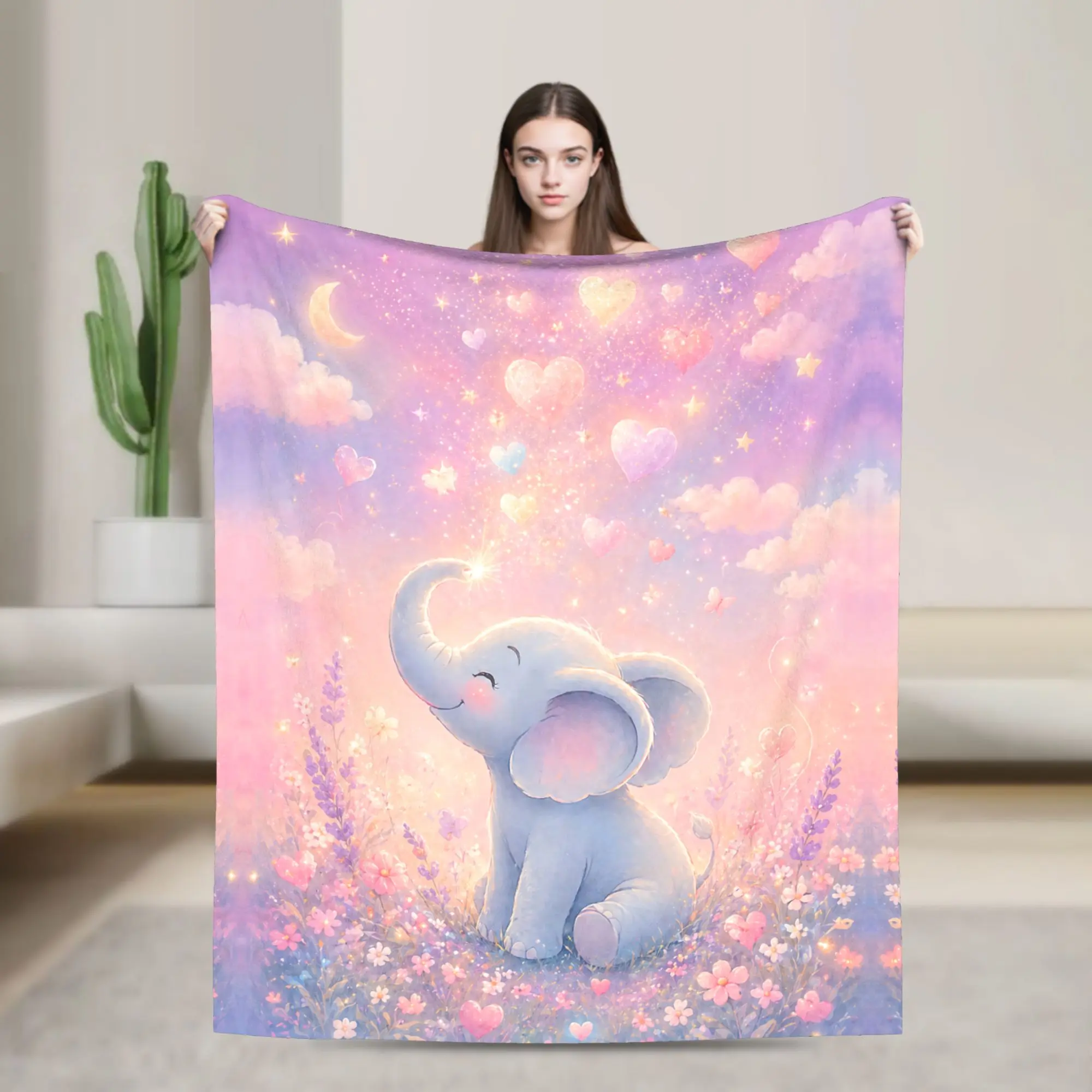 Cute Pink Watercolor Kawaii Elephant Print Fleece Travel Throw Blanket - High-Density Weave, Anti-Shedding, Soft Warm Flannel, Durable, Multi-Size, for Camping, Nursery Crib, Birthday, Holiday Anime Manga Fans’ Decor