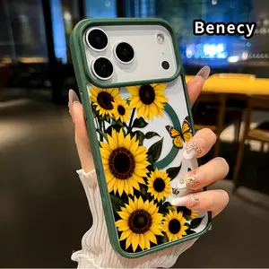 Magnetic Phone Case for iPhone 17 Pro Max 16 Plus 15 14 13 12 11 Air E Sunflower Butterfly Symphony Transparent Acrylic Non Slip Pocket-Friendly Phone Cover Gift