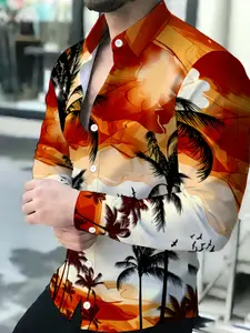 Men's Long Sleeve Shirt with Tropical Sunset Palm Tree Bird Print