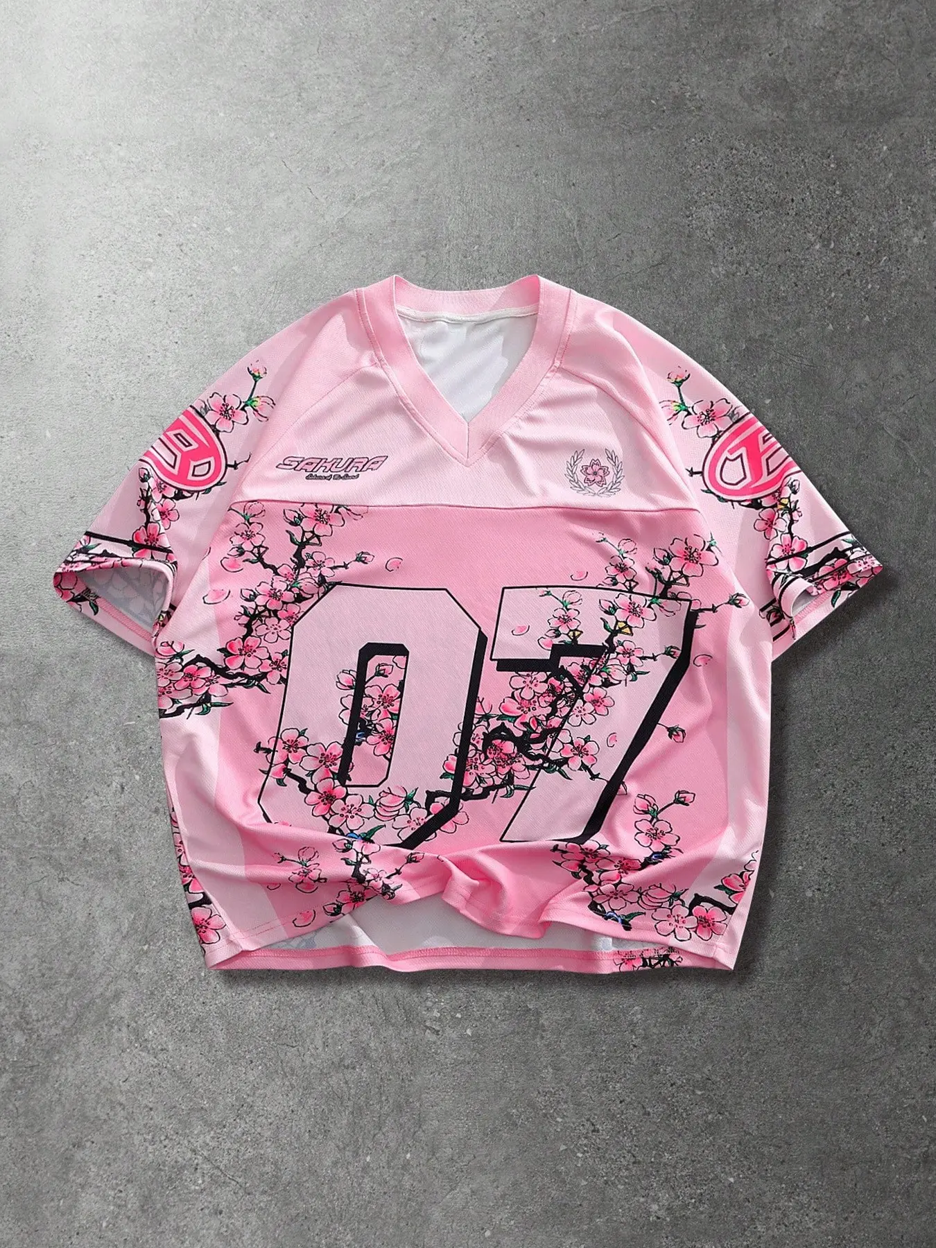 Sakura Baseball Sports Shirt T-Shirt, Number 07 Print, V Neck Short Sleeve, Comfortable Fabric, Unisex Casual Street Style, Athletic Style Activewear
