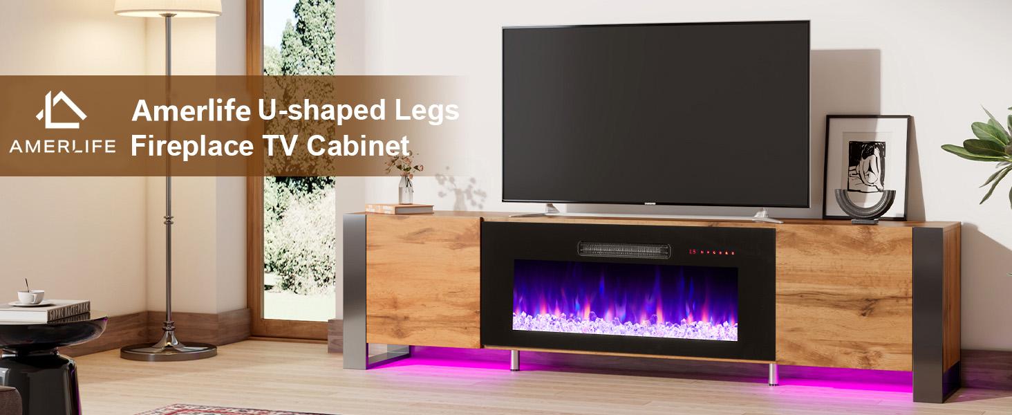 [Ships in 2 Boxes] [Spring Sale] AMERLIFE U-Shaped Legs Fireplace TV Stand, Media Console with Electric Fireplace and LED Lights, Modern Entertainment Center with Storage Shelf, Apartment Furniture/Best Gift Ideas/Christmas Gifts