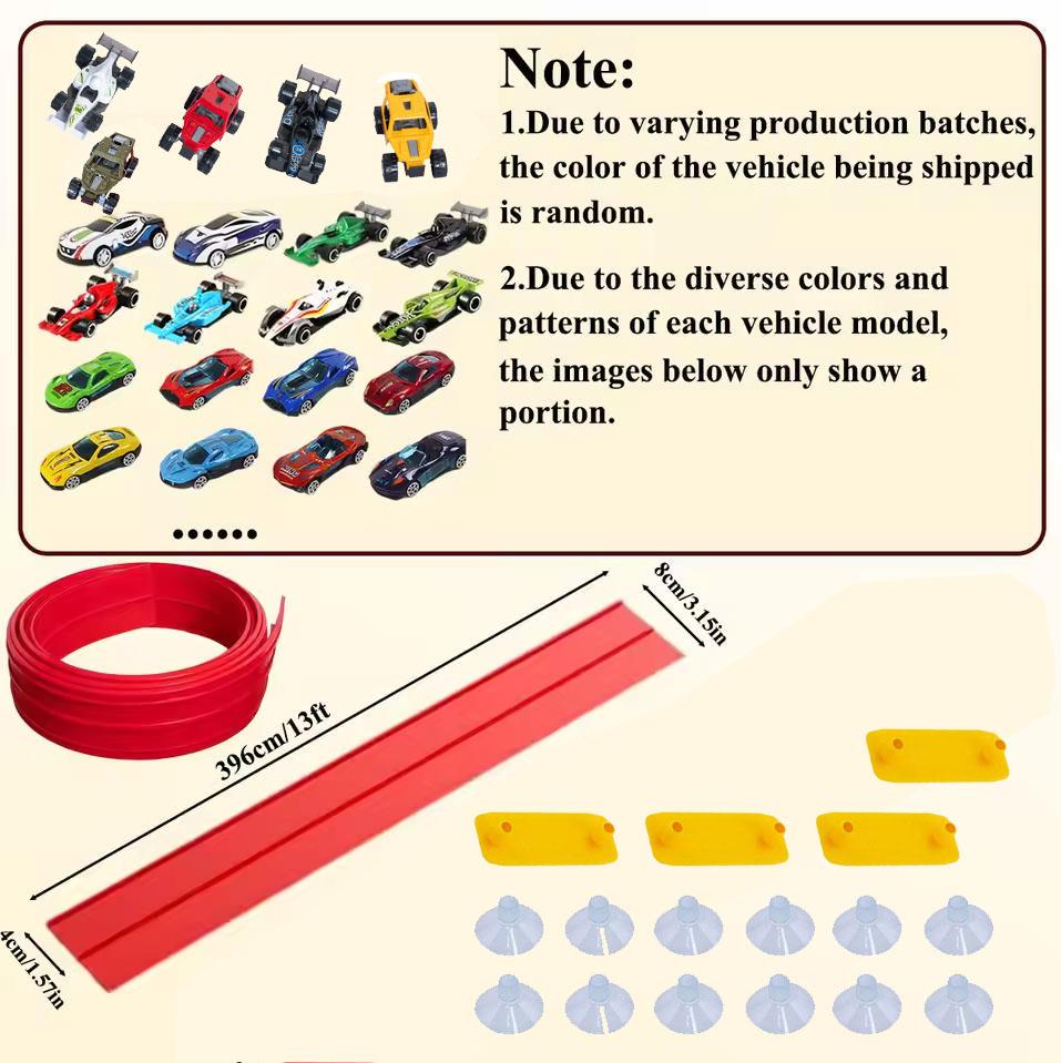12.8 ft children’s elastic racing track, 1:64 die-cast racing toys, roll-up portable racing track, includes 4 cars and suction cups, birthday and Christmas gift for boys and girls ages 3+.