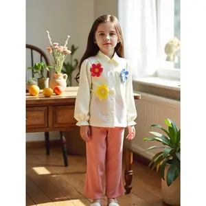 Girls' Boho Chic Spring Outfit Set Trendy Floral Embellished Long Sleeve Shirt & Comfy Wide Leg Pants for Toddler & Little Kid Fashion 4-7Y Cute 2 Piece Clothing for Easter & Playtime Machine Washable