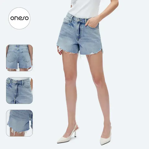 ONESO Kelly Women's High Rise Short Jeans With Raw Edge Casual Denim Shorts For Summer Qutfits Mini Fitted Cotton Zipper Closure Five-Pocket Basic Bottoms Fabric Womenswear Soft Polyester Minimalist #SummerVibes