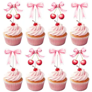36Pcs Cherry Bow Themed Party Cupcake Toppers Pink Bow Cake Decorations Cherry Birthday Cake Decor Pink Bow Cupcake Picks for Girls Women Birthday Baby Shower Bachelorette Party Supplies Ornaments