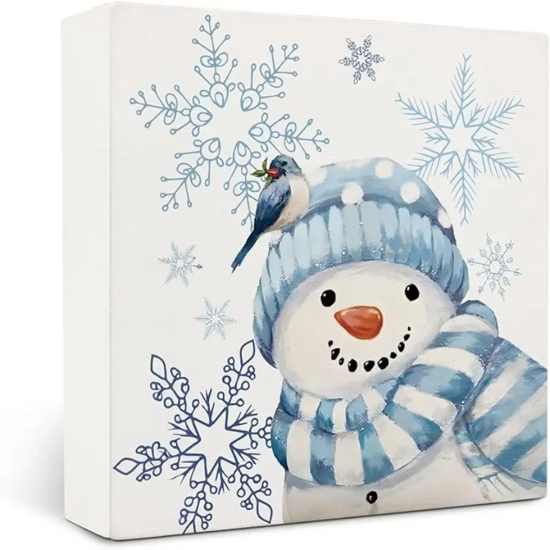 Blue Snowman Winter Christmas Wooden Box Sign Desk Decor, Winter Snowflake Bird Snowman Christmas Wood Block Sign for Home Office Desk Table Shelf Wall Decorations, 5x5 Inch