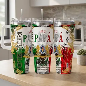 40oz/30oz/20oz Soy El Papa Mas Chingon Tumbler with Handle, Mexican Flag Beer Inspired Insulated Stainless Steel Travel Mug, Funny Father's Day Gifts for Dad Husband Men, Mexican Pride Car Cup Holder Friendly