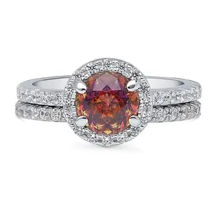 Halo Kaleidoscope Red Orange CZ Ring Set in Sterling Silver
