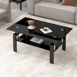 Bellemave Tempered Black Glass Coffee Table 2-Layers Tea Table 39.37x23.62x17.32 inches 8mm Top 5mm Shelf Modern Design