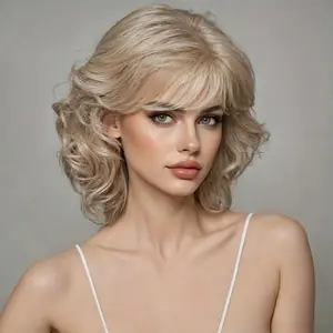 Elegant White Blonde Curly Wig for Mature Women, High Temperature Fiber, Rose Net Cap, Arc-Shaped Mechanism, Matte Finish