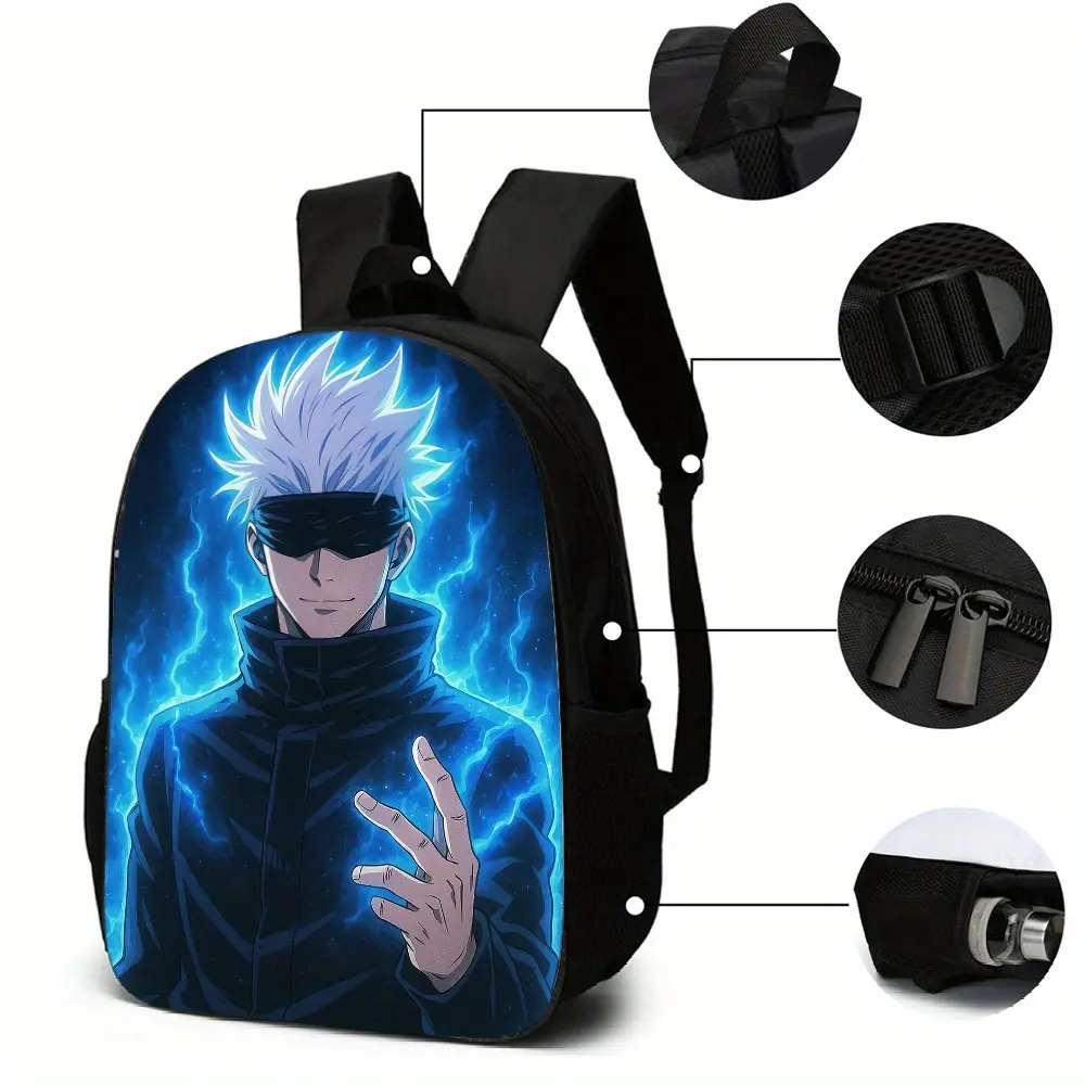 Jujutsu Kaisen Gojo Satoru 3-Piece Backpack Set, Anime Print School Bag + Lunch Bag + Pencil Case, Oxford Cloth Adjustable Strap Daypack for Fans & Kids