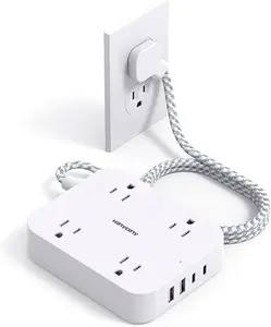 Flat Plug Extension Cord, HANYCONY 5ft Power Strip with 4 USB Ports(2 USB C), 4 Widely Outlets Extender, Wall Mount, Desk Charging Station for Office School Travel Dorm Room Essentials, ETL Listed