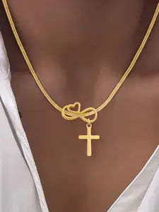 Women's Stainless Steel Herringbone Chain Necklace, Cross Heart Infinity Symbol Pendant, Casual All-Season Jewelry for Women