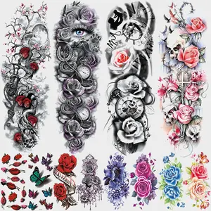 12-Piece Temporary Tattoo Set, Includes 4 Full Arm Skull Rose Tattoos & 8 Waterproof Floral Butterfly Lips Stickers, Body Art Decorations