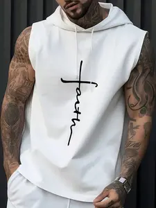 Men's Sleeveless Hooded Gym Vest, Athletic Fashion Activewear, Gym Athletic Clothes, Jesus Handwritten Cross Print, Minimalist Faith Design, Breathable High Stretch Fabric