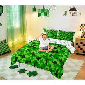 Feelyou Green Pixelated Miners Kid Bedding Set - Toddler Video Game Duvet Cover Set, Cartoon Gamepad Design, Modern Geometric Check Quilt Cover for Kids’ Room Decor