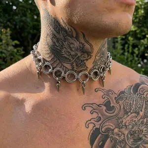 GTHIC Punk Interlocking Studded Stainless Steel Clavicle Necklace Cool Rock-Inspired Jewelry for Men Women Casual or Event Looks
