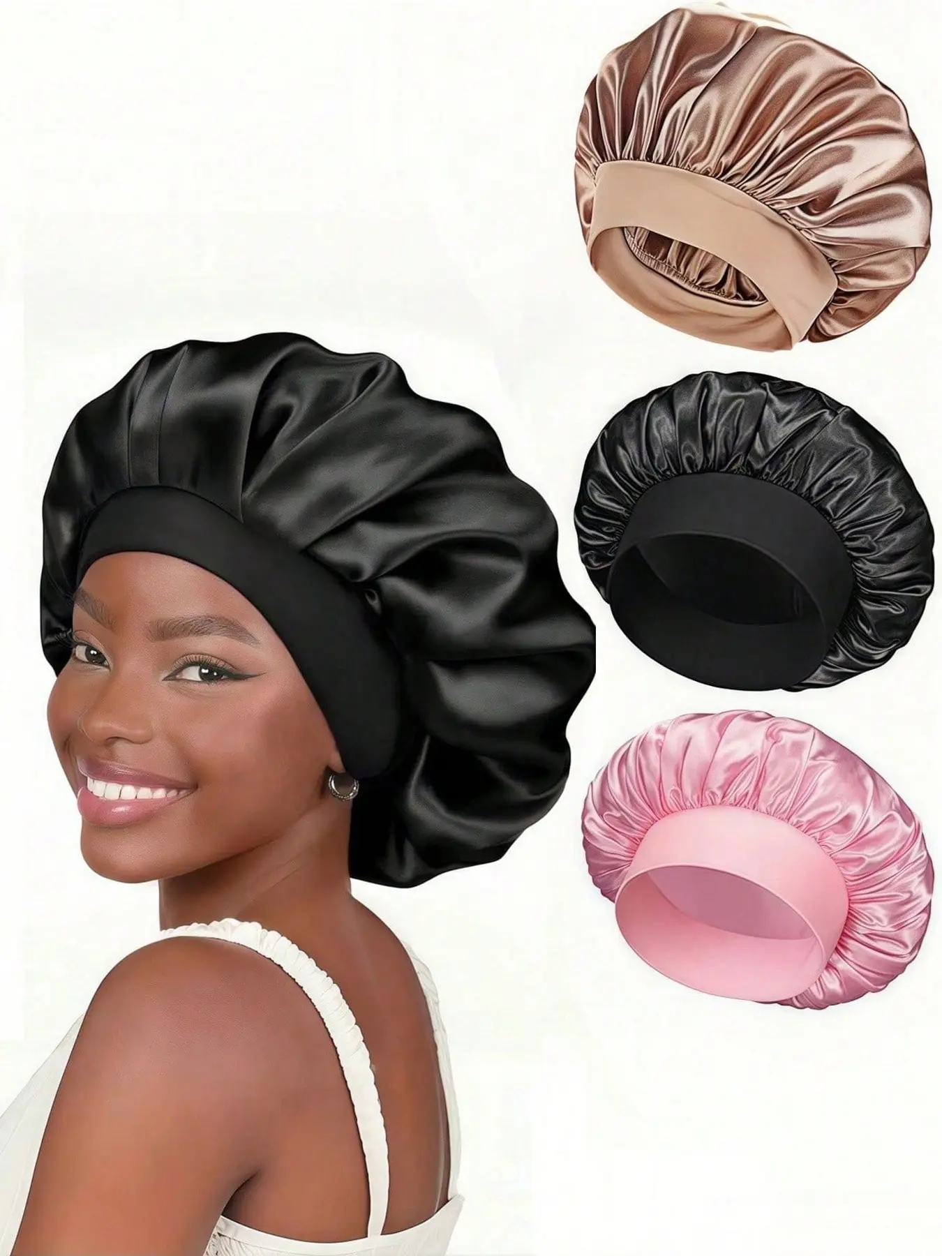 1pc Silk Sleeping Bonnet Set  Satin Hair Wrap For Curly Natural Hair With Soft Elastic Band (Black & Gold), Gentle Night Cap For Hair Protection & Frizz Control Haircare Hair Styling Cap