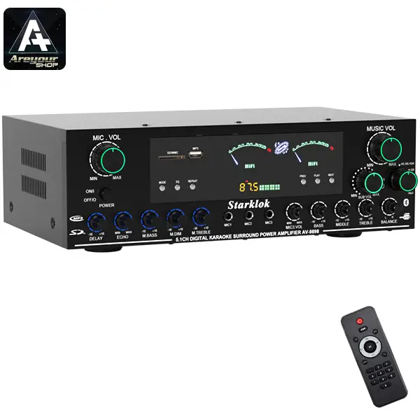 Upgraded Power Amplifier Home Karaoke Stereo Subwoofer Amplifier with Remote Control - Bluetooth, Mic Inputs & USB/SD Playback
