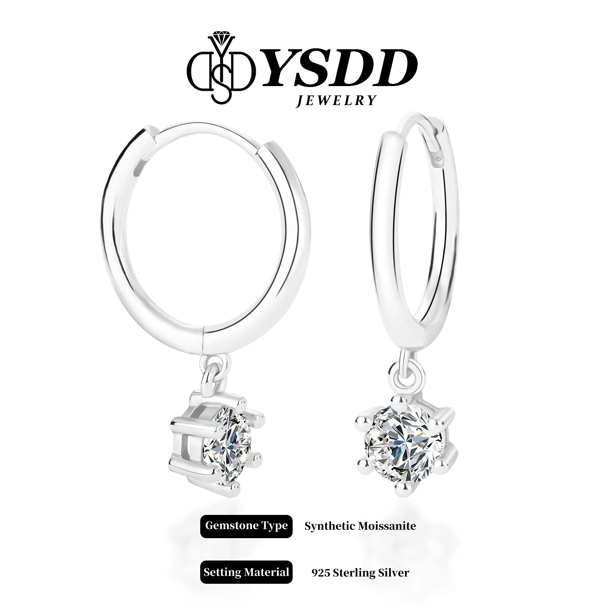 【#247 Dangling Hoop】Minimalist Classic Solitaire Moissanite Drop Huggie Hoop in 925 Sterling Silver 1/2CT each Gift for Women Business Casual