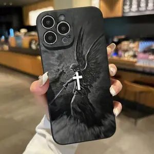 Christian Judgment Angel Cross Pattern Straight Edge Phone Case for iPhone 16 15 14 Pro Max 13 12 11 XR XS Plus Shockproof Full Camera Protection Durable Slim Silicone Cover
