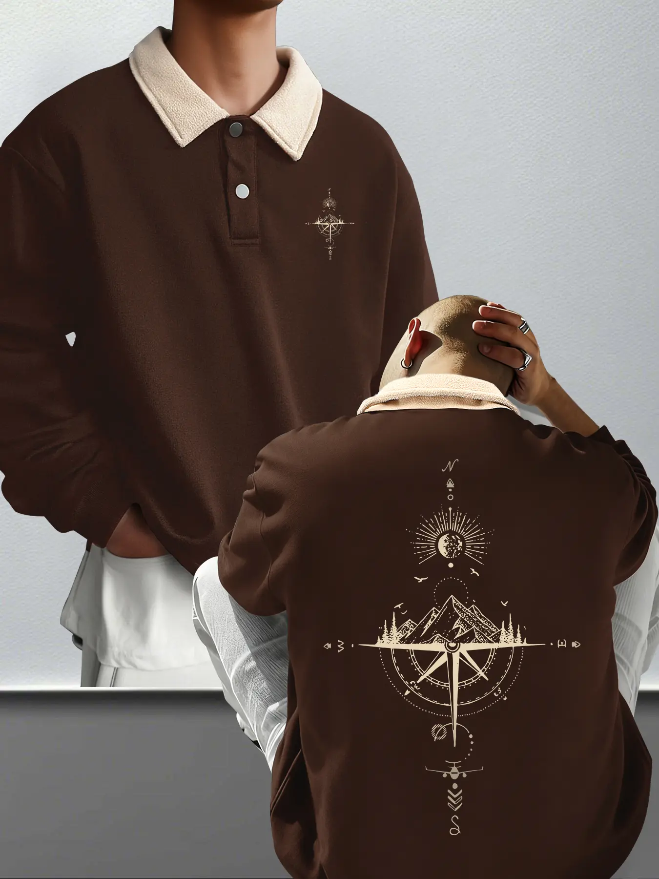Men's Fall Winter Compass Print Polo Neck Sweatshirt, Casual Outdoor Fitted Pullover, Versatile Half Button Design